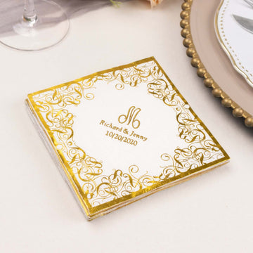 100 Pack White Personalized Monogram Paper Beverage Napkins with Foil Lace Design, Soft 3 Ply Custom Initial Cocktail Napkins