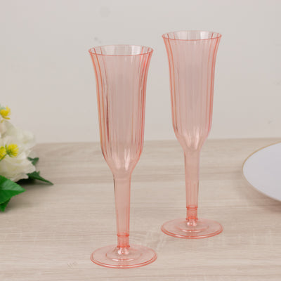 12-Pack Plastic Champagne Flutes 6oz Transparent Blush Flared Design - Disposable Glasses with Detachable Base