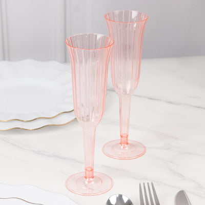 12-Pack Plastic Champagne Flutes 6oz Transparent Blush Flared Design - Disposable Glasses with Detachable Base