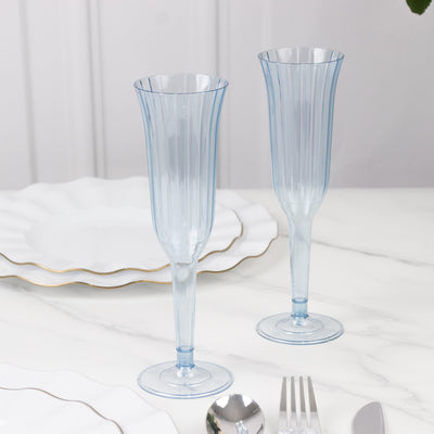 12-Pack Plastic Champagne Flutes 6oz Transparent Dusty Blue Flared Design - Disposable Glasses with Detachable Base