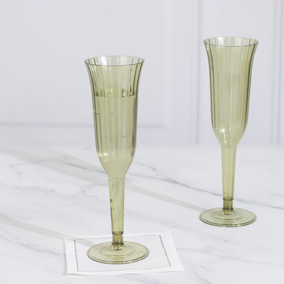 24-Pack Plastic Champagne Flutes 6oz Transparent Dusty Sage Green Flared Design - Disposable Glasses with Detachable Base