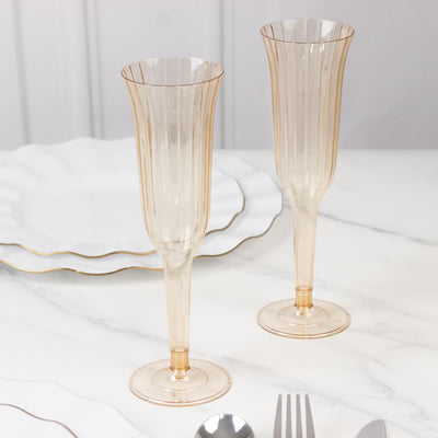 12-Pack Plastic Champagne Flutes 6oz Transparent Amber Gold Flared Design - Disposable Glasses with Detachable Base