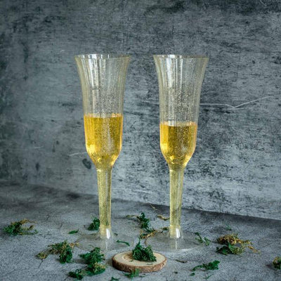 12-Pack Plastic Champagne Flutes 6oz Clear Gold Glitter Flared Design - Disposable Glasses with Detachable Base