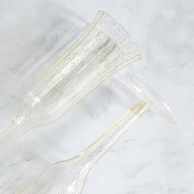 12-Pack Plastic Champagne Flutes 6oz Clear Gold Glitter Flared Design - Disposable Glasses with Detachable Base