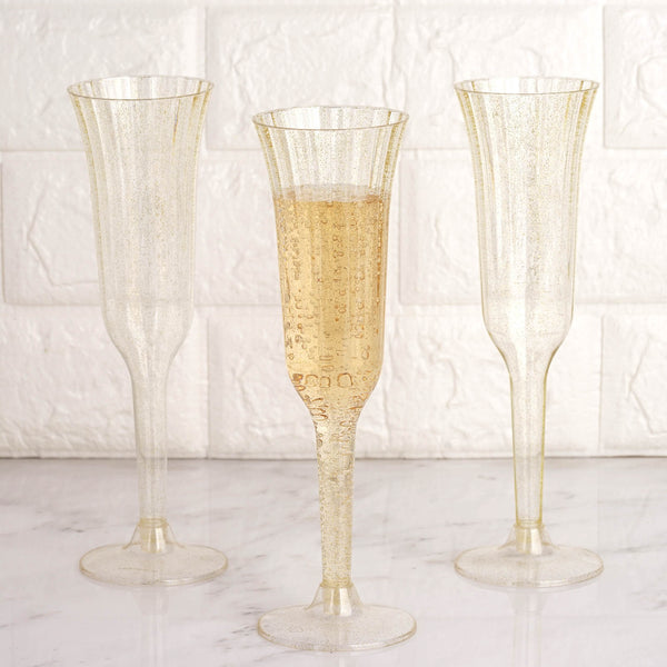 24-Pack Plastic Champagne Flutes 6oz Clear Gold Glitter Flared Design - Disposable Glasses