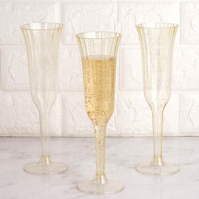 12-Pack Plastic Champagne Flutes 6oz Clear Gold Glitter Flared Design - Disposable Glasses with Detachable Base
