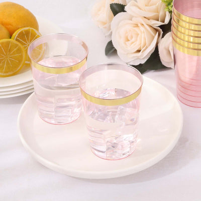 25-Pack Plastic Tumbler Cups 10oz Transparent Blush with Gold Rim - Disposable Crystal Drinking Glasses for Parties