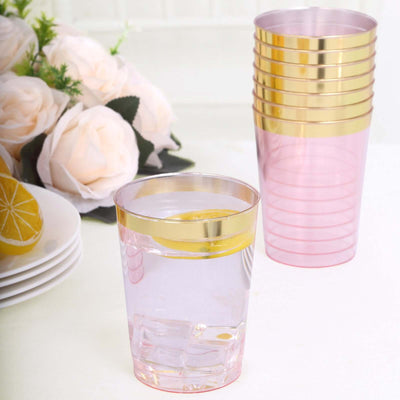 25-Pack Plastic Tumbler Cups 10oz Transparent Blush with Gold Rim - Disposable Crystal Drinking Glasses for Parties