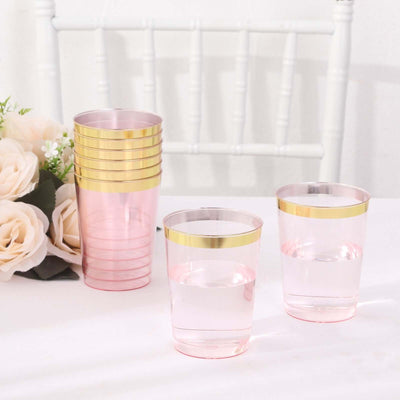 25-Pack Plastic Tumbler Cups 10oz Transparent Blush with Gold Rim - Disposable Crystal Drinking Glasses for Parties