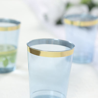 25-Pack Plastic Tumbler Cups 10oz Dusty Blue with Gold Rim - Disposable Crystal Drinking Glasses for Parties