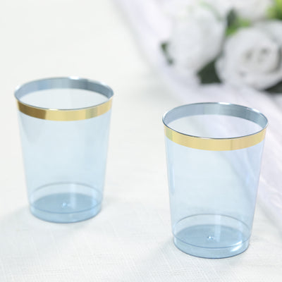 25-Pack Plastic Tumbler Cups 10oz Dusty Blue with Gold Rim - Disposable Crystal Drinking Glasses for Parties