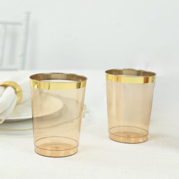 25 Pack Amber Gold Crystal Plastic Tumbler Cups with Gold Rim, Disposable Drinking Glasses Party Cups - 10oz