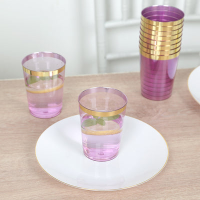 25-Pack Plastic Tumbler Cups 10oz Transparent Purple with Gold Rim - Disposable Crystal Drinking Glasses for Parties