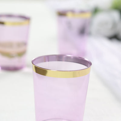 25-Pack Plastic Tumbler Cups 10oz Transparent Purple with Gold Rim - Disposable Crystal Drinking Glasses for Parties