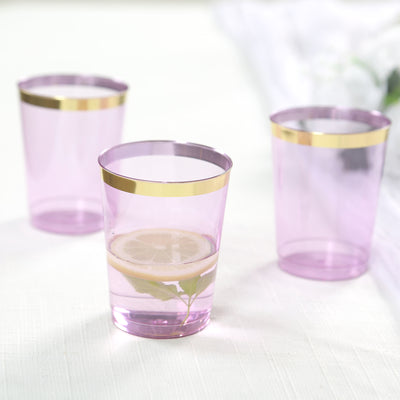 25-Pack Plastic Tumbler Cups 10oz Transparent Purple with Gold Rim - Disposable Crystal Drinking Glasses for Parties