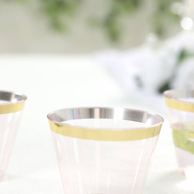 25-Pack Plastic Party Cups 9oz Transparent Blush Crystal with Gold Rim - Short Disposable Drink Tumblers