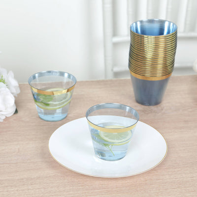25-Pack Plastic Party Cups 9oz Dusty Blue Crystal with Gold Rim - Short Disposable Drink Tumblers