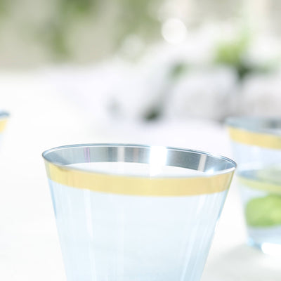 25-Pack Plastic Party Cups 9oz Dusty Blue Crystal with Gold Rim - Short Disposable Drink Tumblers