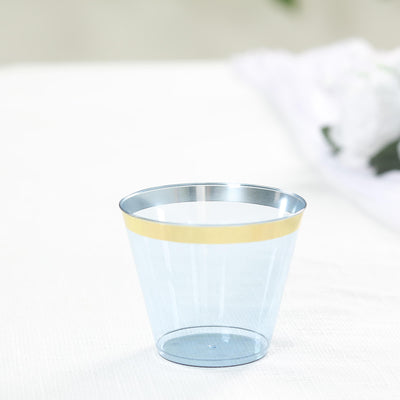 25-Pack Plastic Party Cups 9oz Dusty Blue Crystal with Gold Rim - Short Disposable Drink Tumblers