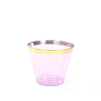 25-Pack Plastic Party Cups 9oz Purple Crystal with Gold Rim - Short Disposable Drink Tumblers