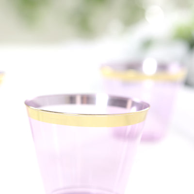 25-Pack Plastic Party Cups 9oz Purple Crystal with Gold Rim - Short Disposable Drink Tumblers