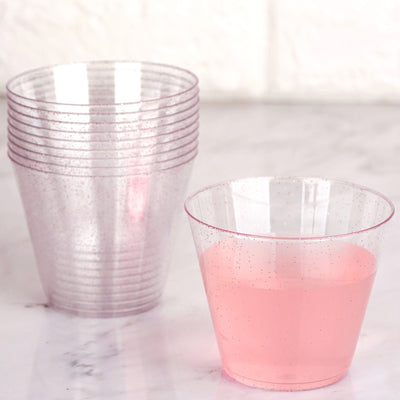 12-Pack Plastic Party Glasses 9oz Blush Glittered - Disposable Cups for Events