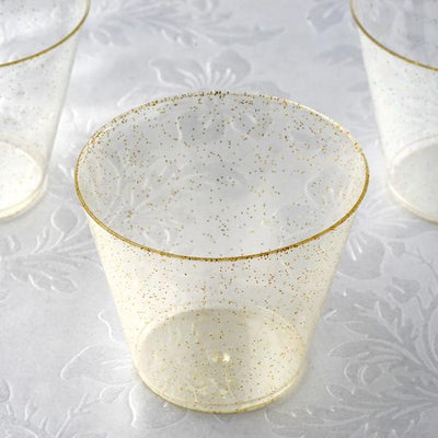 12-Pack Plastic Party Glasses 9oz Gold Glittered - Disposable Cups for Special Occasions