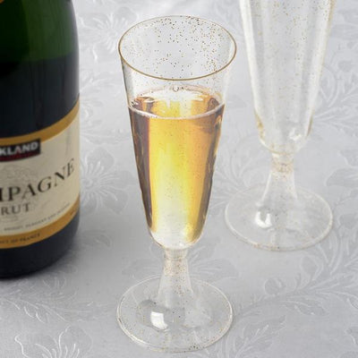 12-Pack Plastic Champagne Glasses 5oz Gold Glittered Short Stem - Disposable Trumpet Flutes with Detachable Base