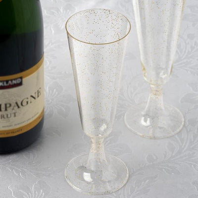 12-Pack Plastic Champagne Glasses 5oz Gold Glittered Short Stem - Disposable Trumpet Flutes with Detachable Base