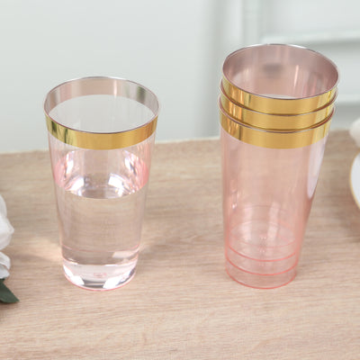 12-Pack Plastic Party Cups 17oz Transparent Blush with Gold Rim - Disposable Drinking Tumblers 5.5"