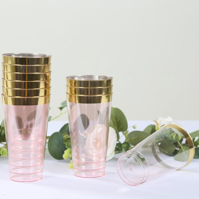 12-Pack Plastic Party Cups 17oz Transparent Blush with Gold Rim - Disposable Drinking Tumblers 5.5"