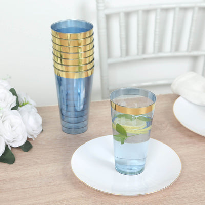 12-Pack Plastic Party Cups 17oz Transparent Dusty Blue with Gold Rim - Disposable Drinking Tumblers 5.5"