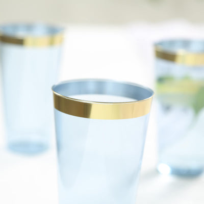 12-Pack Plastic Party Cups 17oz Transparent Dusty Blue with Gold Rim - Disposable Drinking Tumblers 5.5"