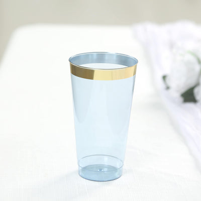 12-Pack Plastic Party Cups 17oz Transparent Dusty Blue with Gold Rim - Disposable Drinking Tumblers 5.5"