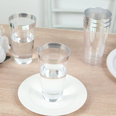 12-Pack Plastic Party Cups 17oz Clear with Silver Rim - Disposable Drinking Tumblers 5.5"