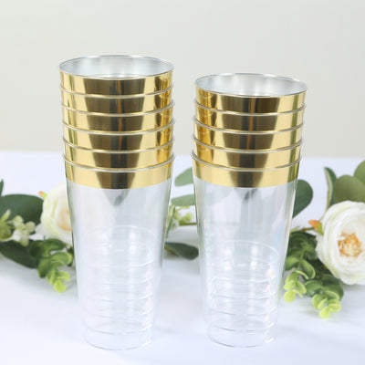 12-Pack Plastic Party Cups 17oz Clear with Gold Rim - Disposable Drinking Tumblers 5.5"