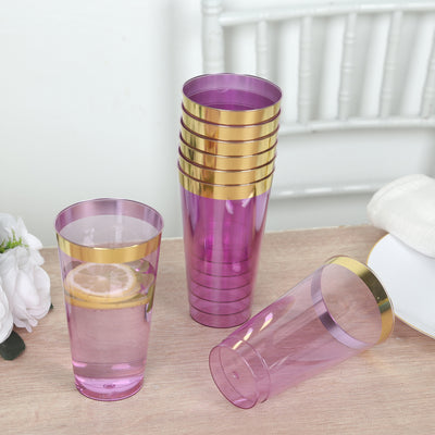 12-Pack Plastic Party Cups 17oz Transparent Purple with Gold Rim - Disposable Drinking Tumblers 5.5"