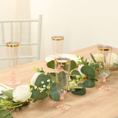 12-Pack Plastic Champagne Flutes 5oz Transparent Blush with Gold Rim - Disposable Toasting Glasses with Detachable Base 6"
