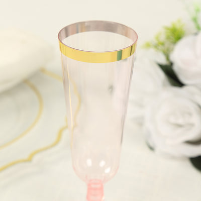 12-Pack Plastic Champagne Flutes 5oz Transparent Blush with Gold Rim - Disposable Toasting Glasses with Detachable Base 6"