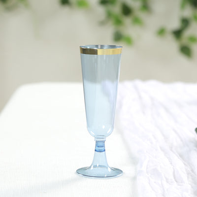 12-Pack Plastic Champagne Flutes 5oz Transparent Dusty Blue with Gold Rim - Disposable Toasting Glasses with Detachable Base 6"