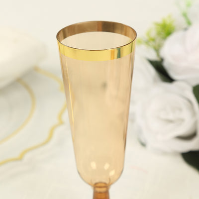 12-Pack Plastic Champagne Flutes 5oz Amber Gold with Gold Rim - Disposable Toasting Glasses with Detachable Base 6"