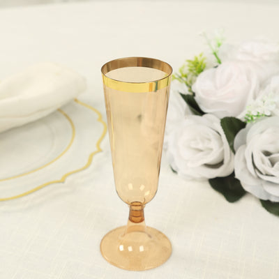 12-Pack Plastic Champagne Flutes 5oz Amber Gold with Gold Rim - Disposable Toasting Glasses with Detachable Base 6"