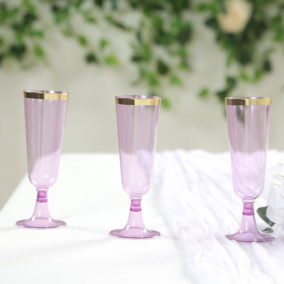12-Pack Plastic Champagne Flutes 5oz Transparent Purple with Gold Rim - Disposable Toasting Glasses with Detachable Base 6"