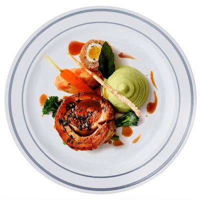 10-Pack Plastic Dinner Plates 10" White with Très Chic Silver Rim - Stylish Disposable Plates for Events