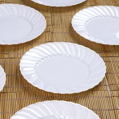 12-Pack Plastic Dessert Plates 6" Glossy White Swirl Rim - Round Salad Plates for Events
