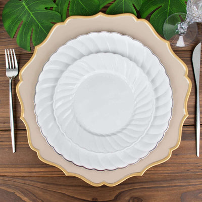 12-Pack Plastic Dessert Plates 7.5" White Flair Rim - Round Disposable Plates for Appetizers