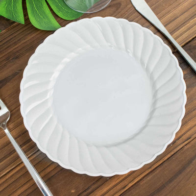 12-Pack Plastic Dessert Plates 7.5" White Flair Rim - Round Disposable Plates for Appetizers