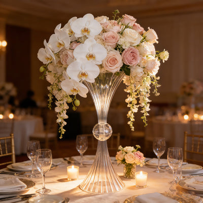 4 Pack Ribbed Acrylic Trumpet Vases – 28" Clear Reversible Flower Centerpiece with Crystal Ball Accent