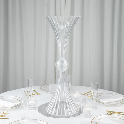 4 Pack Ribbed Acrylic Trumpet Vases – 32" Clear Reversible Flower Centerpiece with Crystal Ball Accent