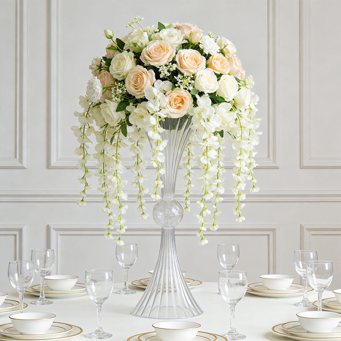 4 Pack Ribbed Acrylic Trumpet Vases – 32\" Clear Reversible Flower Centerpiece